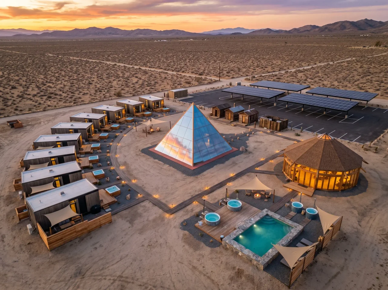 Aerial view of the retreat at golden hour with cabins, plunge pools and solar canopies
