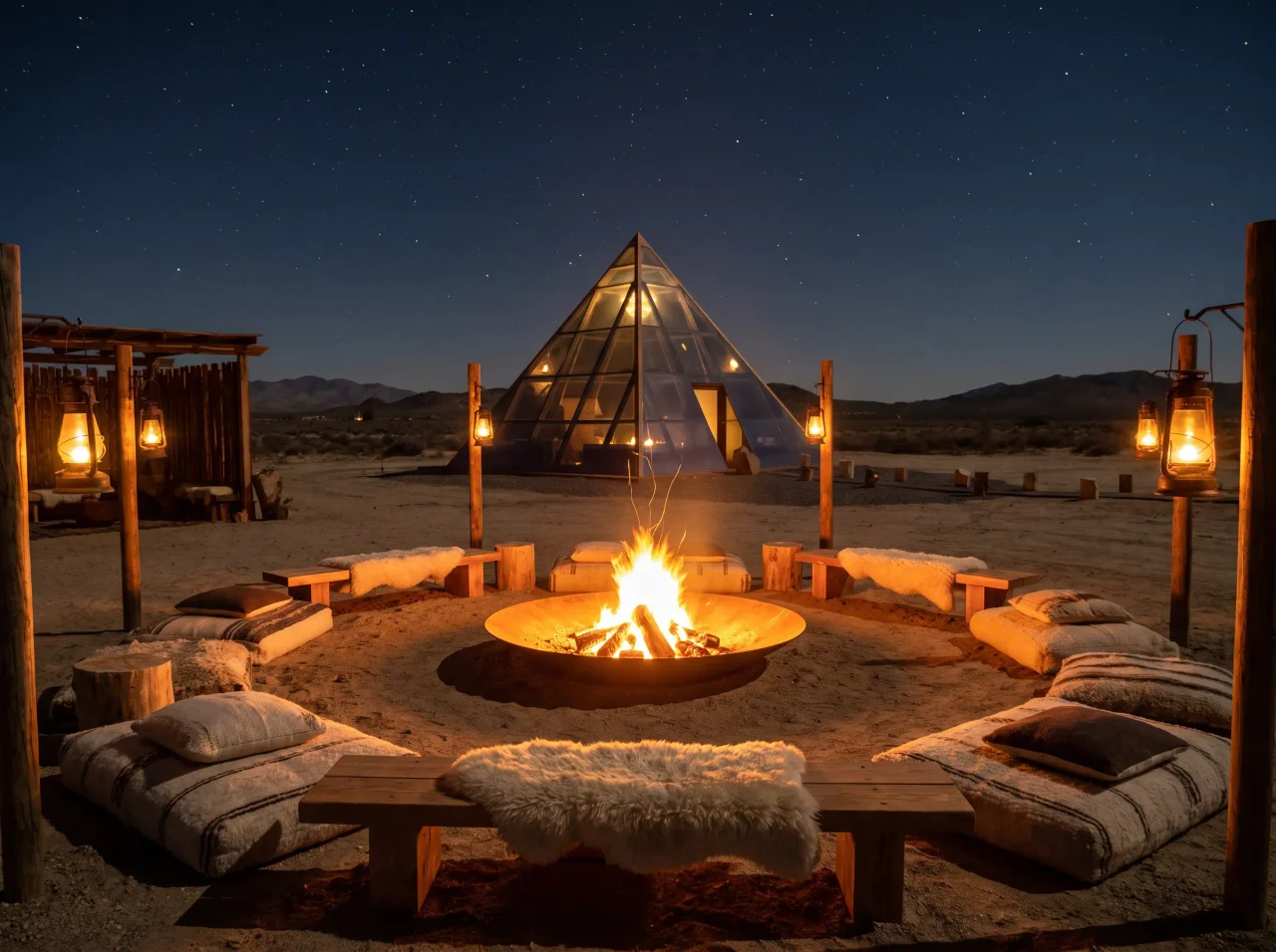 Ceremonial fire circle with benches under a starlit desert sky