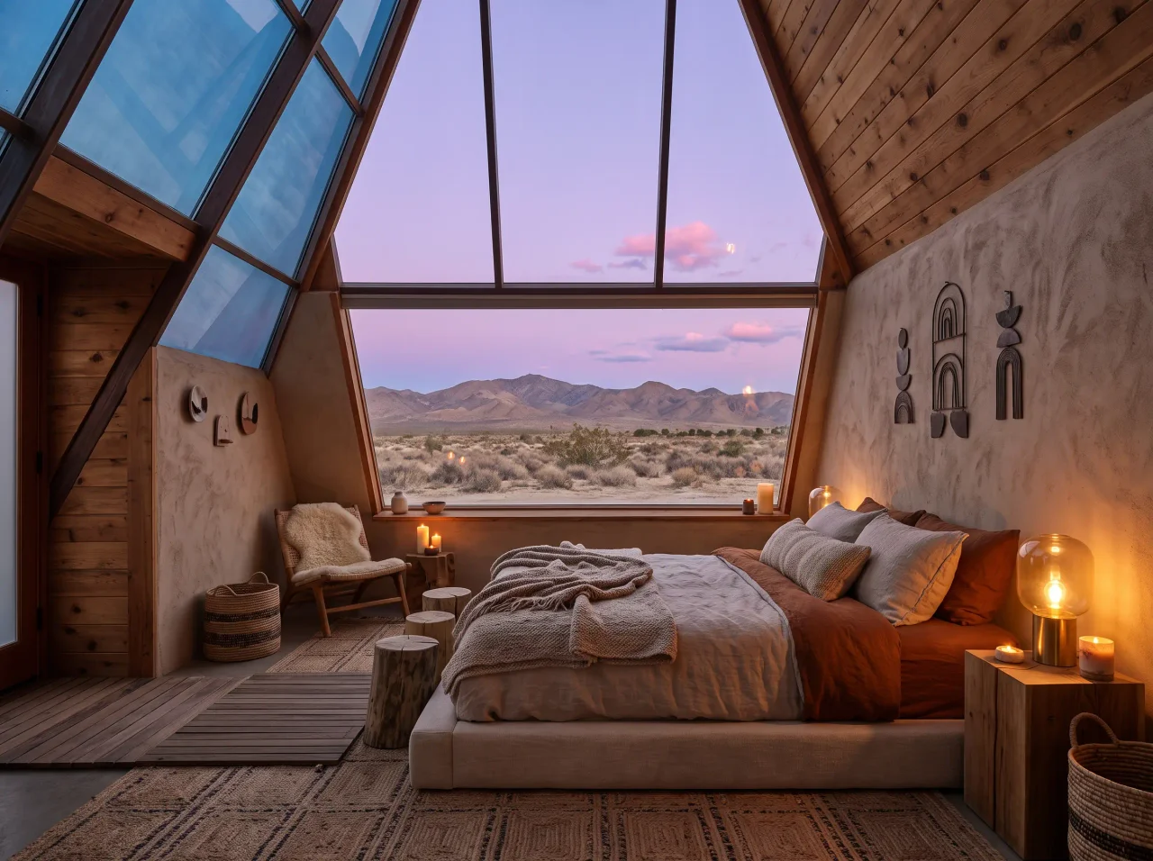 Luxury desert cabin bedroom with panoramic mountain window