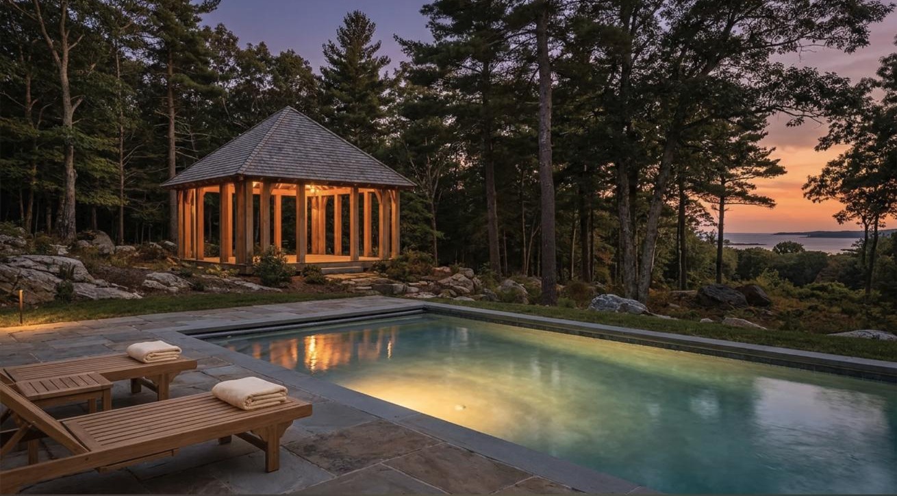 Stone-decked pool lit at dusk beside a timber pavilion, surrounded by pines