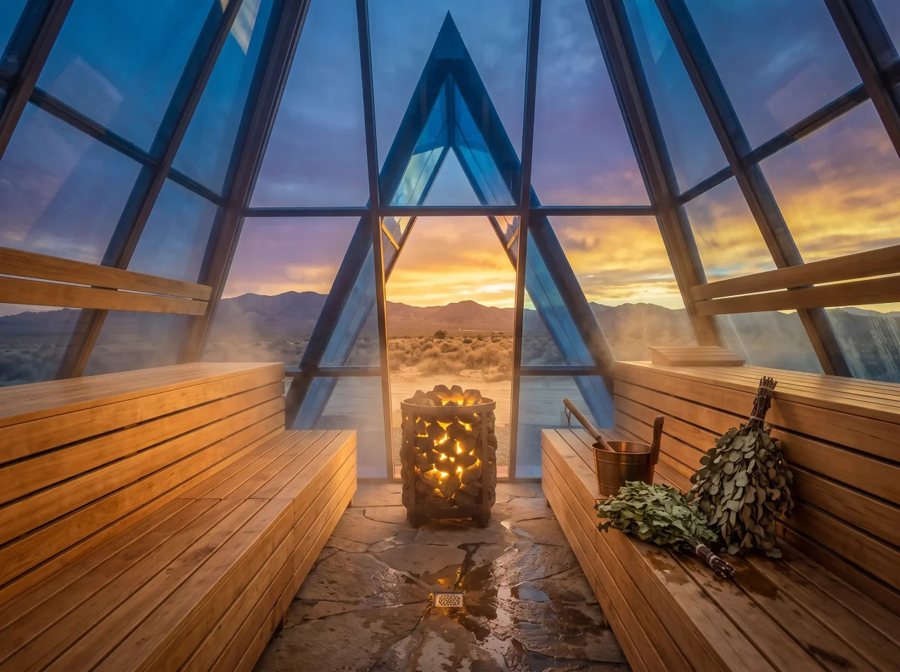 Interior of the glass pyramid banya with sunset desert views