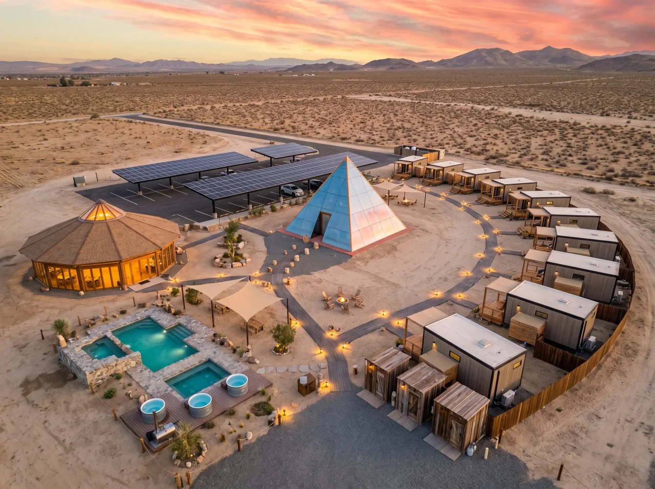 Aerial view of the full retreat master plan at sunset with the glass pyramid banya, cabins and pools