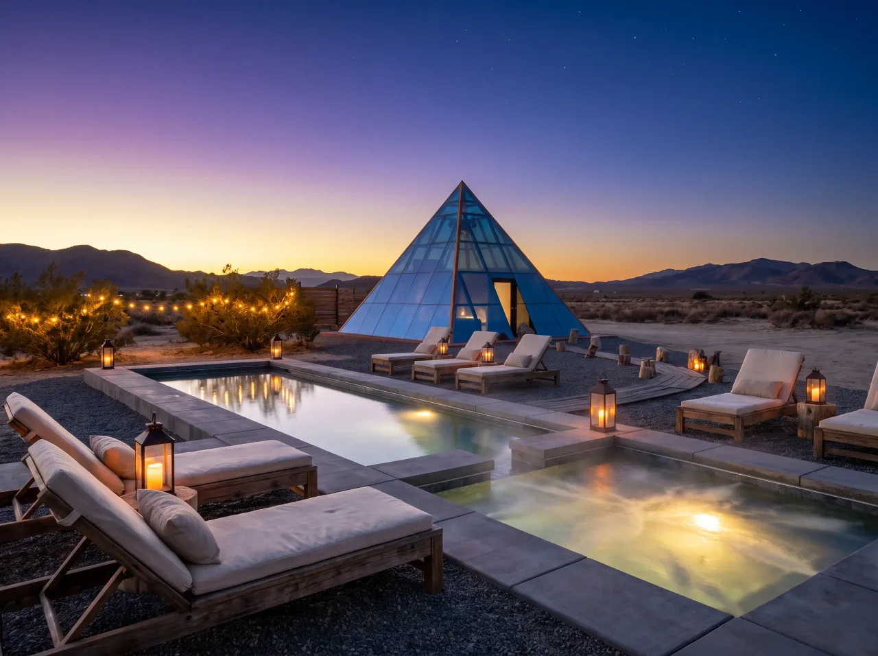 Spring-fed pool and cold plunge at dusk beside the glass pyramid